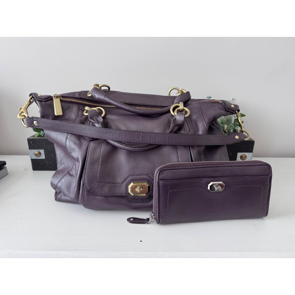 Coach Campbell Turnlock Plum Purple Leather Satchel Bag and Wallet Set